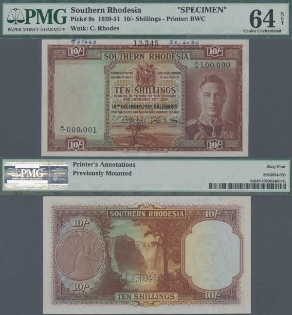 Southern Rhodesia: The Southern Rhodesia Currency Board 10 Shillings 1939 SPECIM...