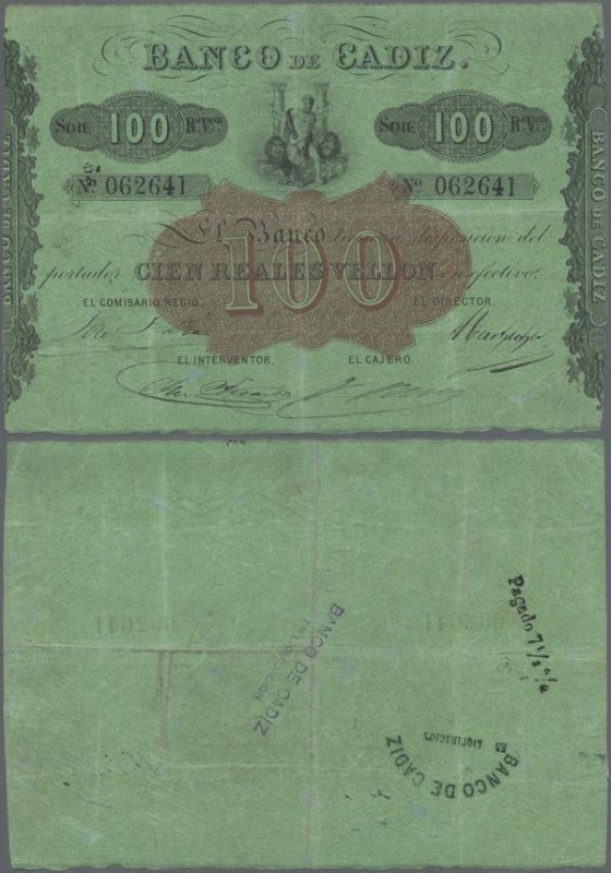 Spain: Banco de Cadiz 100 Reales Vellon ND(1847), P.S291 with some bank stamps o...