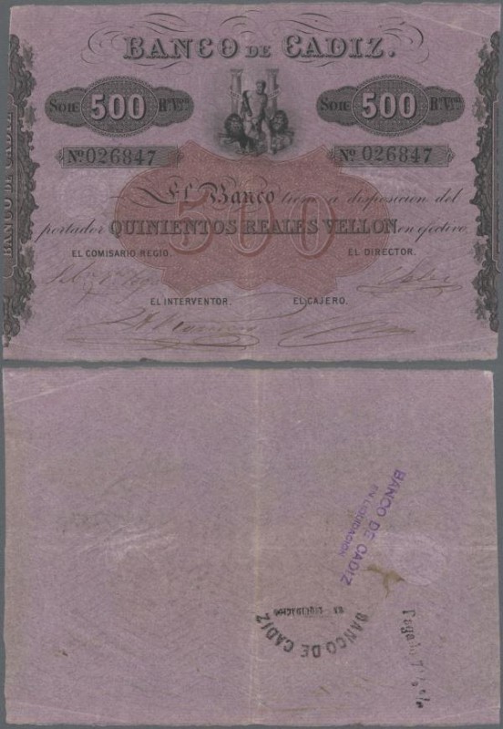 Spain: Banco de Cadiz 500 Reales Vellon ND(1847), P.S293 with some bank stamps o...