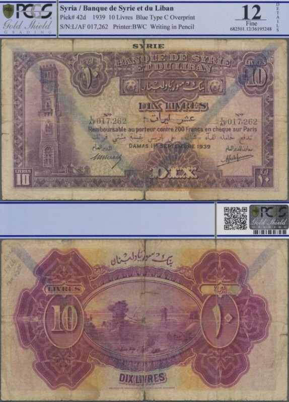 Syria: Banque de Syrie et du Liban 10 Livres 1939 with triangle overprint, P.42d...