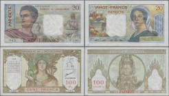 Tahiti: Banque de l'Indochine – Papeete pair with 100 Francs ND(1939-65) with signature titles: ”Président & Directeur Général” P.14d (VF, without pin...