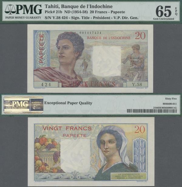 Tahiti: Banque de l'Indochine – Papeete 20 Francs ND(1954-58), P.21b, perfect co...
