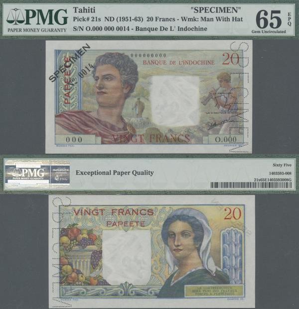 Tahiti: Banque de l'Indochine – Papeete 20 Francs ND(1951-63) SPECIMEN, P.21s wi...