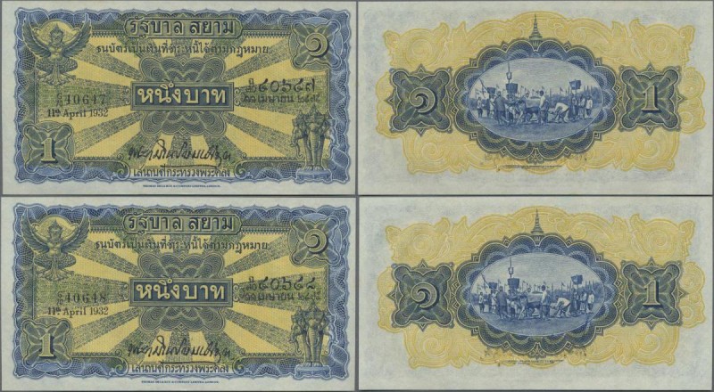 Thailand: Government of Siam pair with two consecutive numbered 1 Baht 1932, P.1...