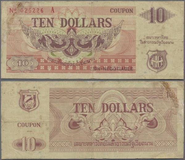 Thailand: 10 Dollars ND(1970) MPC, P.M23, small restored parts at lower left, th...