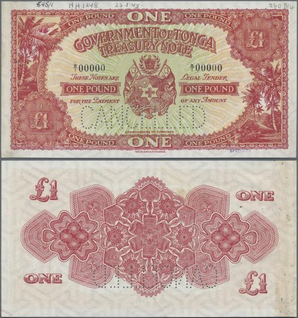 Tonga: Government of Tonga 1 Pound ND(1945) De La Rue Archive SPECIMEN, P.11as w...