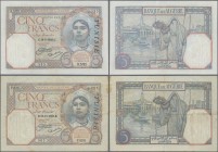 Tunisia: Banque de l'Algérie – TUNISIE pair with 5 Francs November 18th 1925 (F/F-) and 5 Francs August 10th 1929 (VF, pressed), both P.8a for type. (...