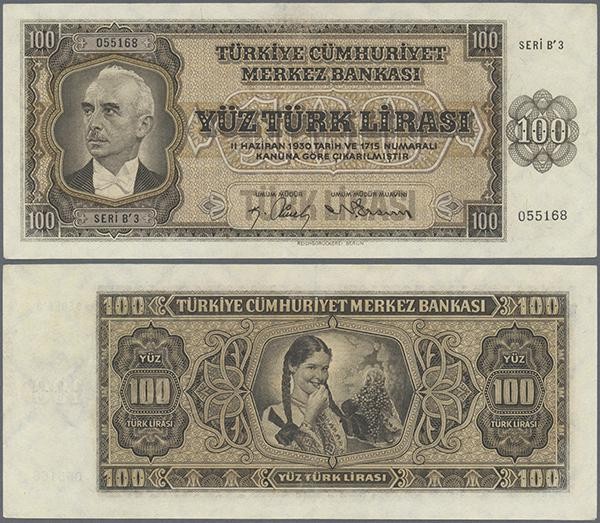 Turkey: 100 Lirasi L. 1930 (1942-1947) ”İnönü” - 3rd Issue, highly rare banknote...
