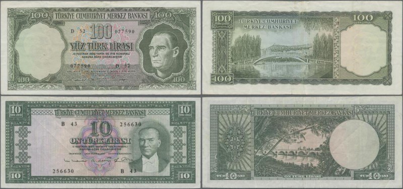 Turkey: Pair with 10 Lira L.1930 (1951-61) P.161 (F+) and 100 Lira L.1930 (1951-...