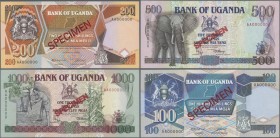 Uganda: Bank of Uganda set with 8 banknotes 5, 10, 20, 50, 100, 200, 500 and 1000 Shillings 1987/1991 SPECIMEN, P.27s-34s, all in perfect UNC conditio...
