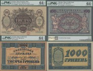 Ukraina: Set with 3 banknotes comprising 100 and 1000 Hryven 1918 P.22a, 24, both PMG graded 64 EPQ and 1000 Karbovantsiv ND(1918) P.35b, also PMG gra...