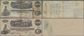United States of America - Confederate States: Treasury of the Confederate States of America, pair with 100 Dollars 1862, P.43 with stamp on back ”Int...
