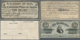 United States of America - Confederate States: Interesting lot with 9 Confederate Banknotes and Loan coupons, comprising 10 and 50 Dollars 1861, 50 Ce...