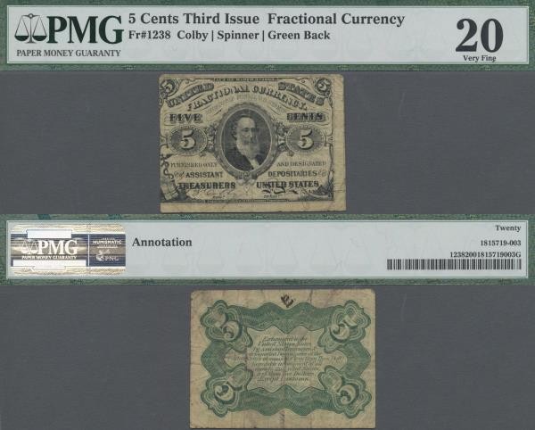 United States of America: United States Treasury, Fractional Note 5 Cents 1863, ...