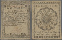 United States of America: Continental Congress, Philadelphia PA, 2/3 Dollar 1776, P.S122, fantastic condition for the age of the note, just a bit tone...