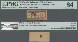 United States of America: California – Camp Beale 1 Cent POW camp money, ND(1944-46), SB1051, punch hole cancelled, PMG graded 64 Choice Uncirculated....
