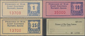 United States of America: POW Camp Canteen Rupert. Idaho set with 3 vouchers 1, 10 and 25 Cents ND(1944-46), C.8458, 8460, 8461 in UNC and additional ...