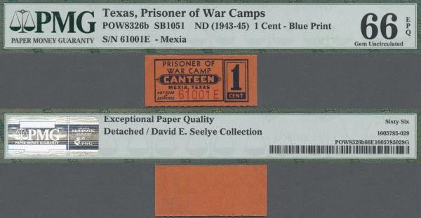 United States of America: Texas – Mexia 1 Cent POW camp money ND(1943-45), SB105...