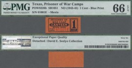 United States of America: Texas – Mexia 1 Cent POW camp money ND(1943-45), SB1051, PMG graded 66 Gem Uncirculated EPQ.
 [zzgl. 19 % MwSt.]