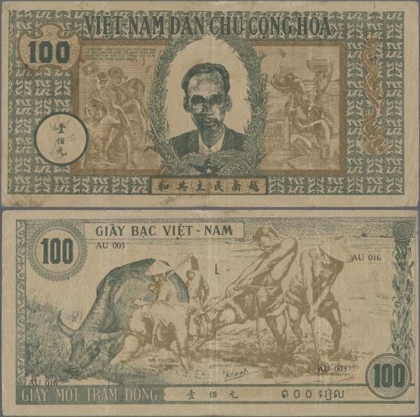 Vietnam: 100 Dong ND(1946), P.8b in F+/VF condition with pinholes.
 [differenzb...