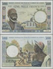 West African States: 5000 Francs ND, letter ”A” = IVORY COAST, P.104Aj, still great condition with a few folds and tiny spots only. Condition: VF
 [d...
