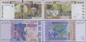 West African States: Set with 3 banknotes comprising 10.000 Francs (20)01 letter ”T” = TOGO P.814Tj (XF), 10.000 Francs (20)01 letter ”C” = BURKINA FA...