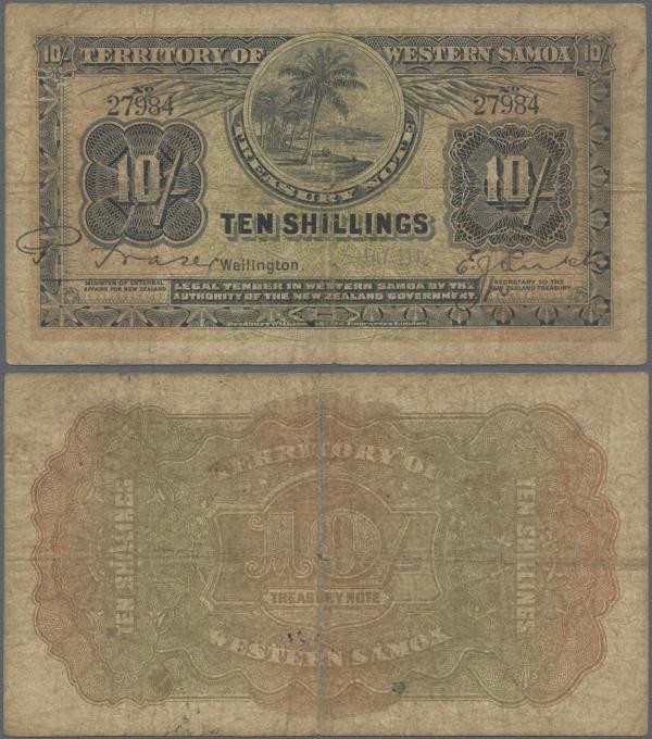 Western Samoa: Territory of Western Samoa 10 Shillings ND with signature title l...