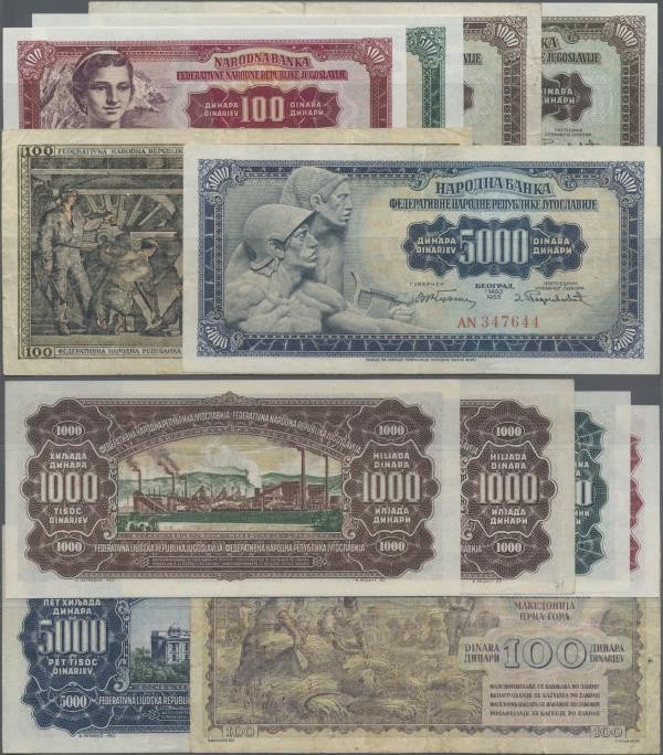 Yugoslavia: Set with 6 banknotes comprising 100 Dinara 1953, 100, 500, 2x 1000 a...