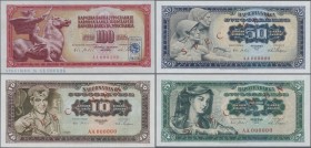 Yugoslavia: Complete Specimen set of the 1965 series with 5, 10, 50 and 100 Dinara SPECIMEN, P.77s-80s, all in perfect UNC condition. (4 pcs.)
 [diff...