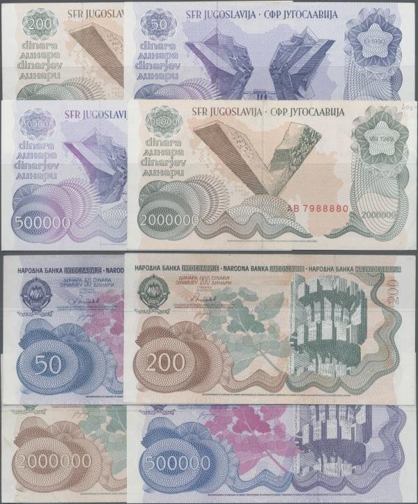 Yugoslavia: Lot with 4 banknotes of the 1989-1990 issues with 50, 200, 500.000 a...