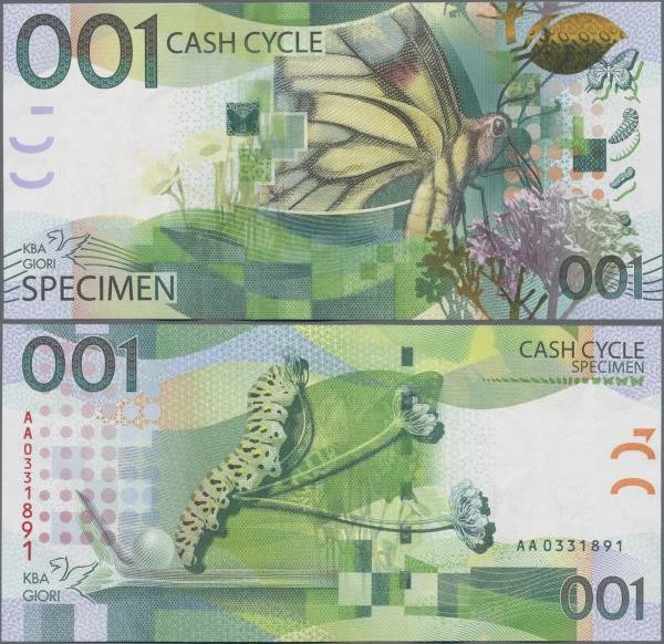 Testbanknoten: Bundle of 100 pcs. Test Notes by KBA Giori 001 CASH CYCLE with th...