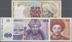 Kazakhstan: Huge lot with 24 banknotes of the 1993 series with 3x 1 Tiyn P.1a,c,d (UNC), 3x 2 Tiyn P.2a,c,d (UNC), 2x 5 Tiyn P.3a,b (UNC), 10 Tiyn P.4...