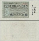 Deutschland - Deutsches Reich bis 1945: 5 Billionen Mark 1923, Ro.133f, Firmendruck mit 6-stelliger KN und Fz. ”DB”, senkrechter Mittelknick und leich...
