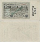 Deutschland - Deutsches Reich bis 1945: 5 Billionen Mark 1923 MUSTER, Ro.133M mit grünem Überdruck ”Wertlos” und 6-stelliger KN 000000, winziger Klebe...