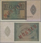 Deutschland - Deutsches Reich bis 1945: 10 Billionen Mark 1924 MUSTER aus laufender Serie, Ro.134M, leicht verfärbtes Papier, sonst in kassenfrischer ...
