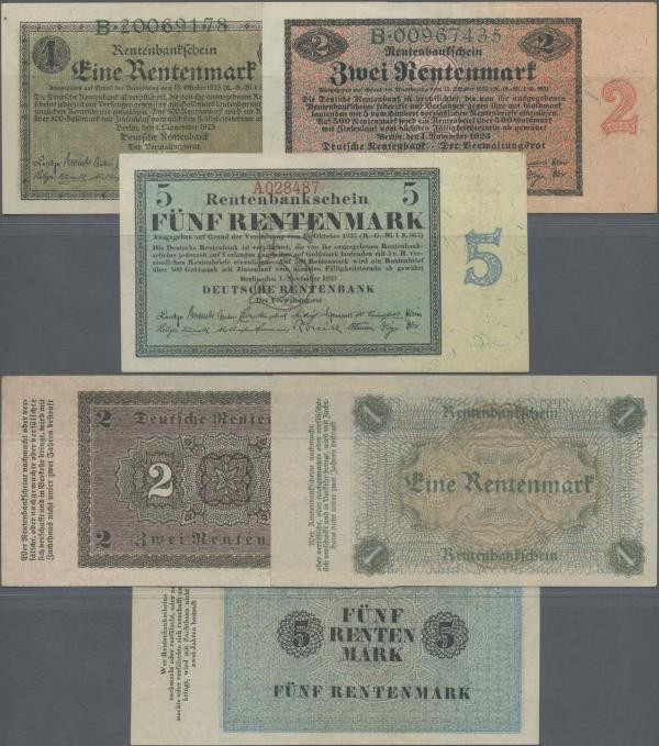 Deutschland - Deutsches Reich bis 1945: Kleines Lot mit 3 Banknoten 1 Rentenmark...