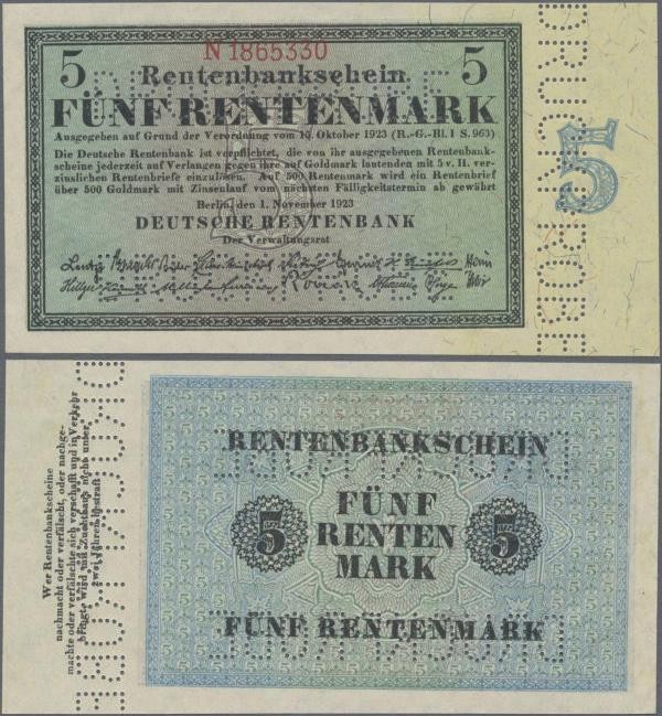 Deutschland - Deutsches Reich bis 1945: 5 Rentenmark 1923 MUSTER, Ro.156M, mit d...