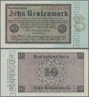 Deutschland - Deutsches Reich bis 1945: 10 Rentenmark 1923 MUSTER, Ro.157M, mit dreifacher Perforation ”Druckprobe” und laufender KN, kleine Kleberest...