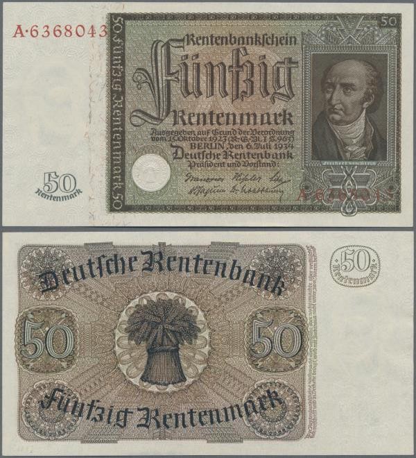 Deutschland - Deutsches Reich bis 1945: 50 Rentenmark 1934, Ro.165 in kassenfris...