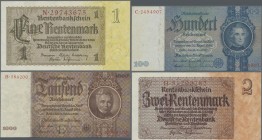 Deutschland - Deutsches Reich bis 1945: Lot mit 9 Banknoten 1 und 2 Rentenmark 1937 Ro.166, 167 (UNC), 5 Reichsmark 1942 Ro.179 (aUNC), 20 Reichsmark ...