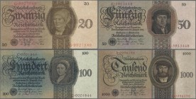 Deutschland - Deutsches Reich bis 1945: Sehr schönes Lot mit 4 Banknoten der Holbein-Serie 1924, mit 20 Reichsmark Ro.169 (XF/XF+), 50 Reichsmark Ro.1...