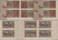 Deutschland - Deutsches Reich bis 1945: Ungeschnittenes Teilstück eines Bogens mit 6 Banknoten 5 Reichsmark 1942, Ro.179 ohne KN, senkrechter Mittelkn...