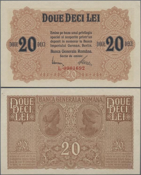 Deutschland - Nebengebiete Deutsches Reich: Banca Generală Română 20 Lei o.D. 19...