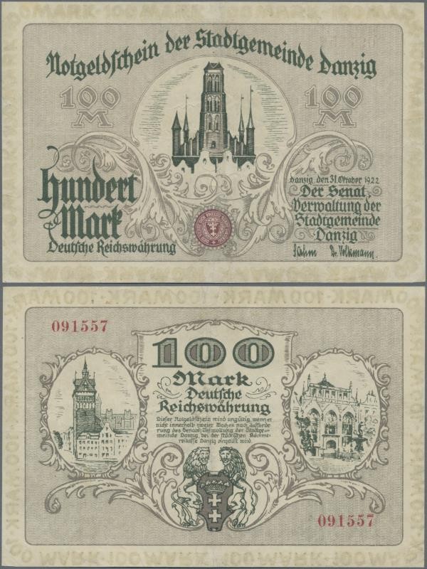 Deutschland - Nebengebiete Deutsches Reich: Stadtgemeinde Danzig 100 Mark 1922, ...