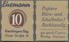Deutschland - Briefmarkennotgeld: Geislingen, Württemberg, Ehemann Bürobedarf, 10 Pf. Ziffer Kontrollrat (ca. 1947), Einheitsausgabe der Fa. Caprez-We...