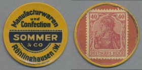 Deutschland - Briefmarkennotgeld: RÖHLINGHAUSEN / Westfalen, Sommer & Co., Manufacturwaren, 40 Pf. Germania rot, Zelluloidkapsel.
 [differenzbesteuer...