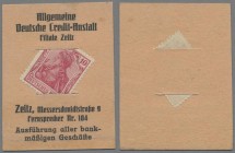 Deutschland - Briefmarkennotgeld: ZEITZ, Allgemeine Deutsche Credit-Anstalt, 10 Pf, Germania rot, im orangefarbenen Werbekarton mit Schlitz.
 [differ...