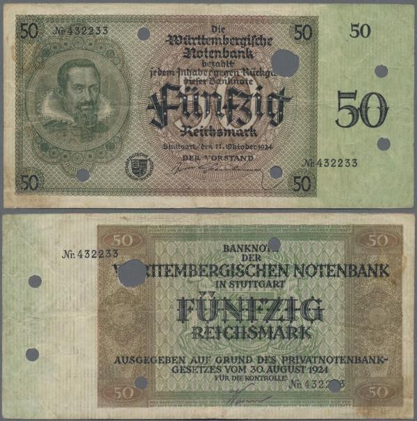 Deutschland - Länderscheine: Württembergische Notenbank 50 Reichsmark 1924, Ro.W...