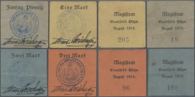 Deutschland - Notgeld - Ehemalige Ostgebiete: Saalfeld, Ostpreußen, Magistrat, 50 Pf., 1, 2, 3 Mark, August 1914, farbiger Karton, Erh. II - III, tota...