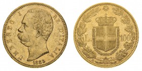 umberto I (1878-1900) 
100 Lire 1883 - Zecca: Roma - Diritto: effigie del Re a sinistra - Rovescio: stemma di Casa Savoia coronato e circondato dal C...